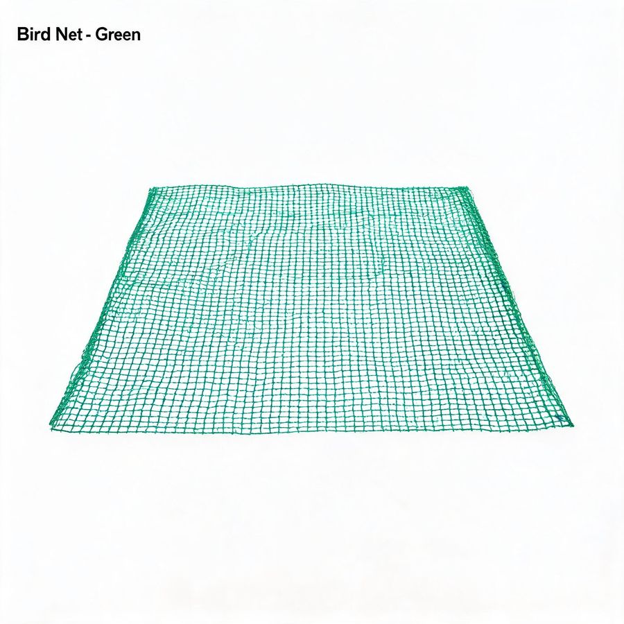 Green bird netting protecting fruit trees in an orchard