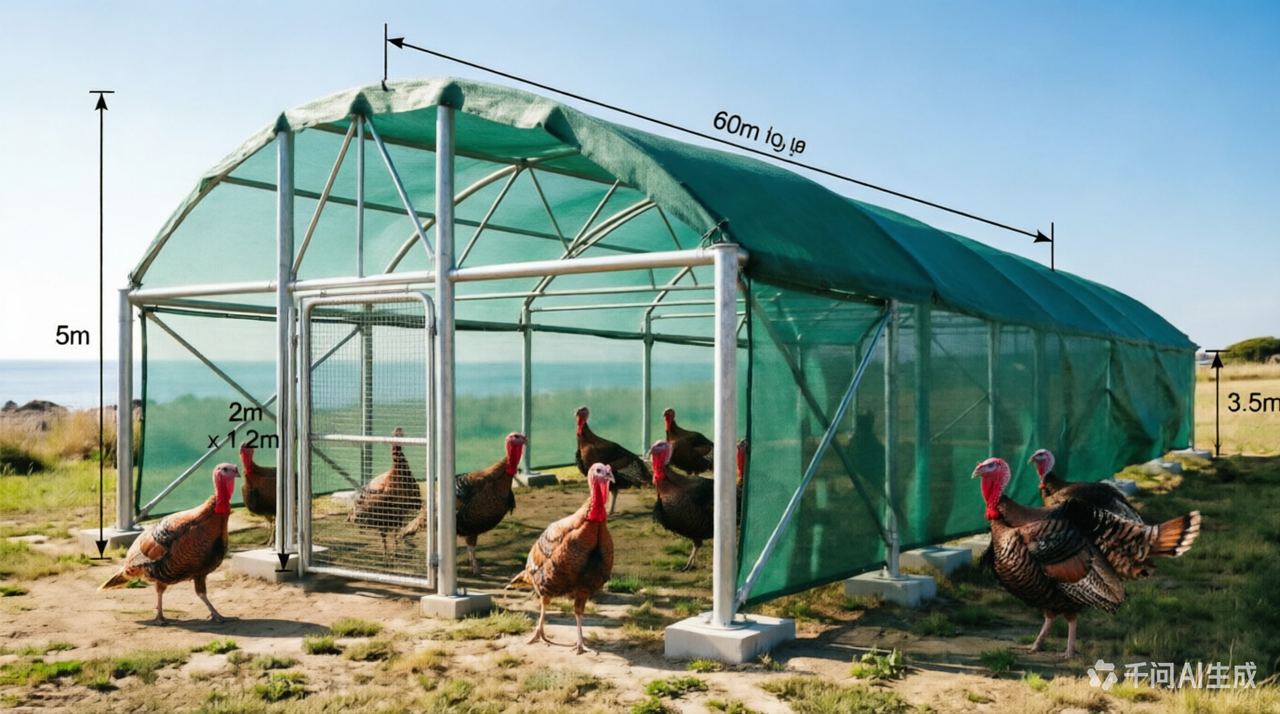 Green net poultry shelter for free-range chickens on a farm