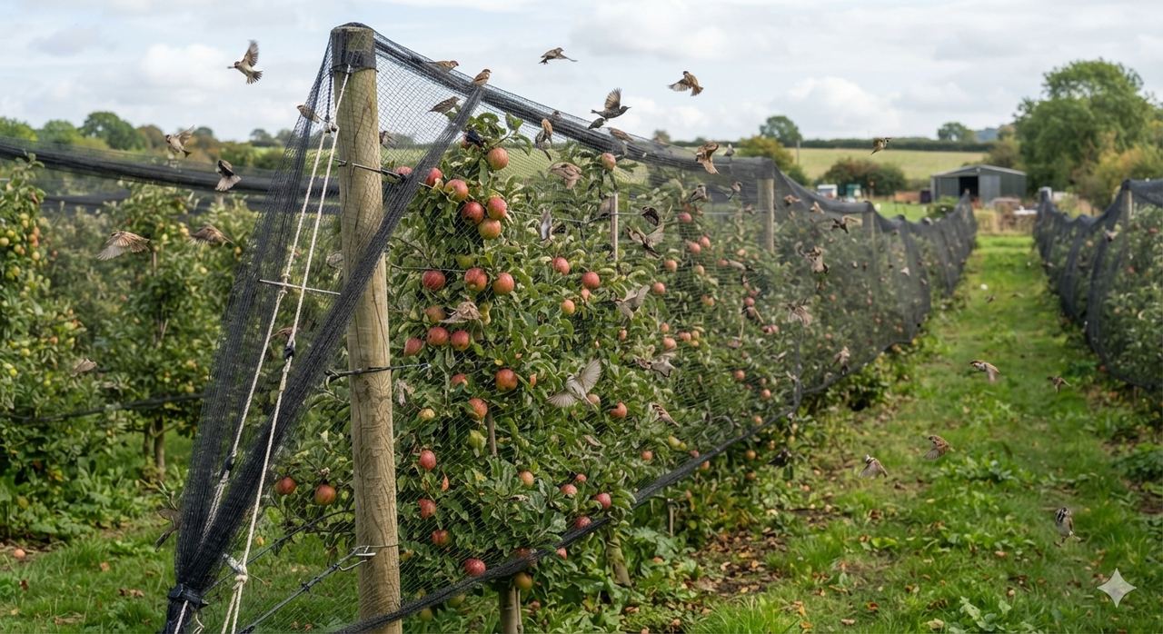 Bird netting stretched over orchard rows on farmland