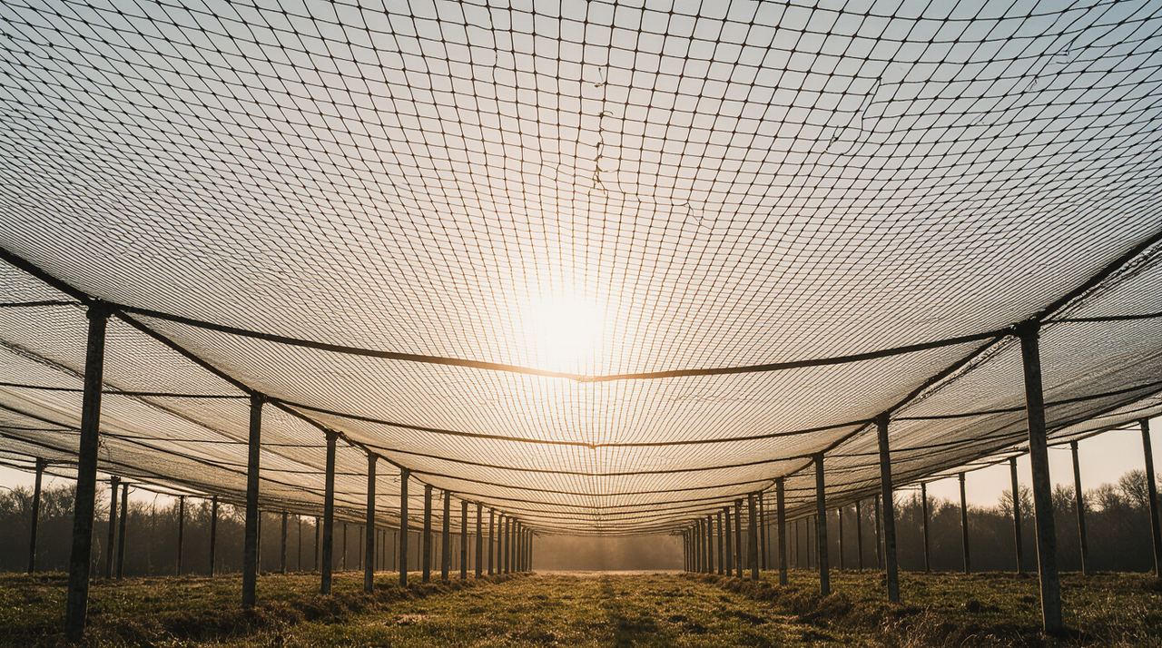 Orchard hail netting frame at sunset protecting fruit crops