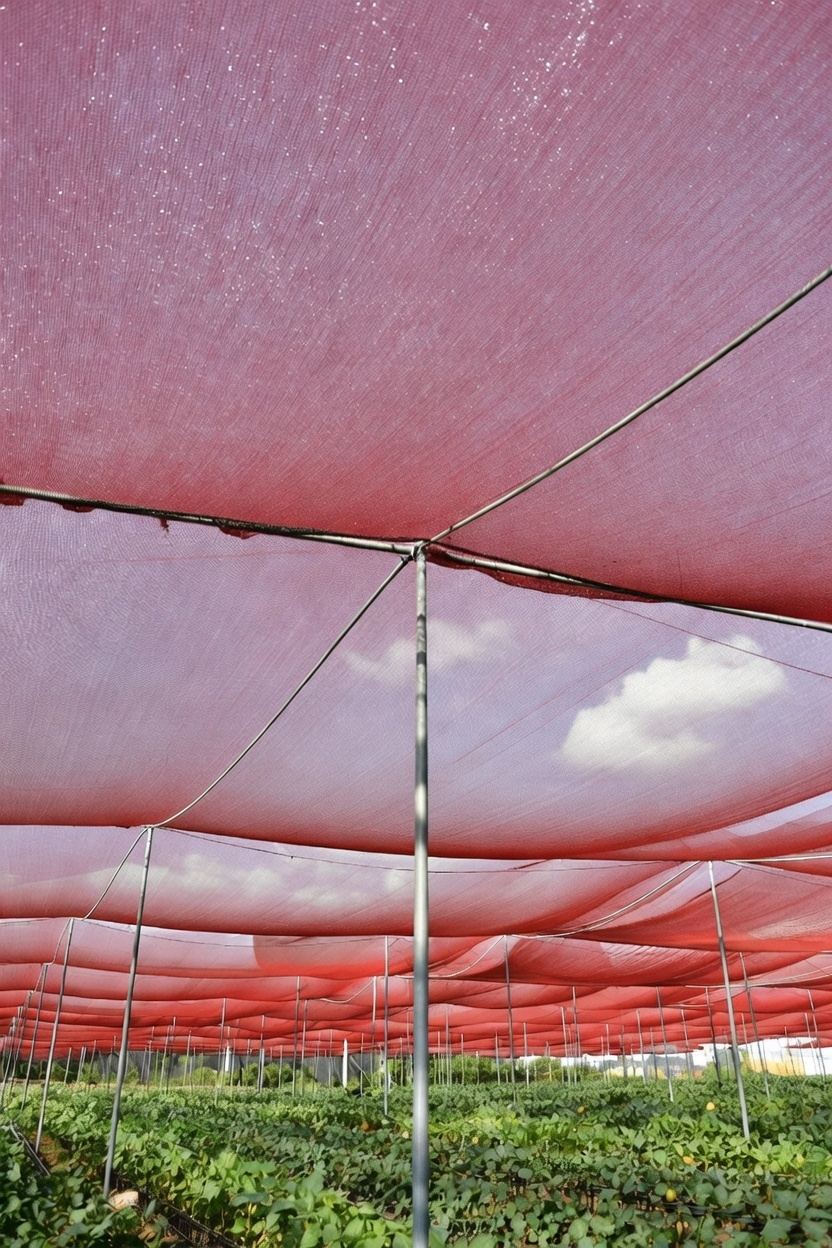 Red shade net installed over a greenhouse roof for light control