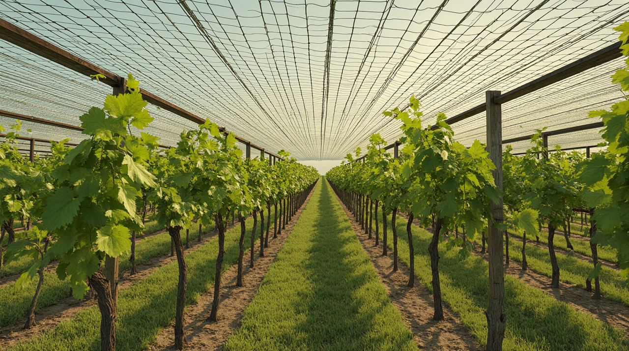 Hail protection net installed over vineyard rows in summer