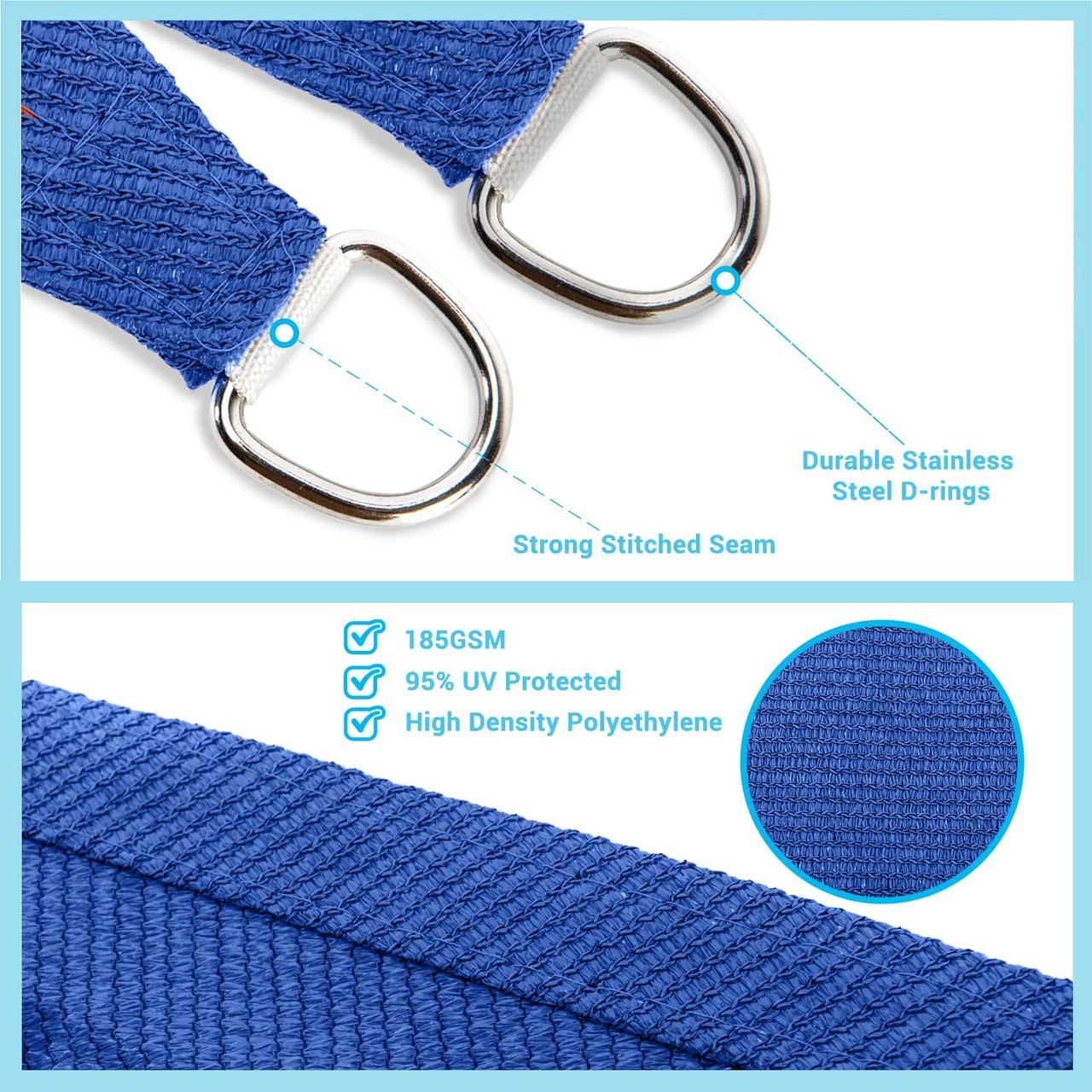 Blue waterproof shade sail fabric with stainless steel D-rings